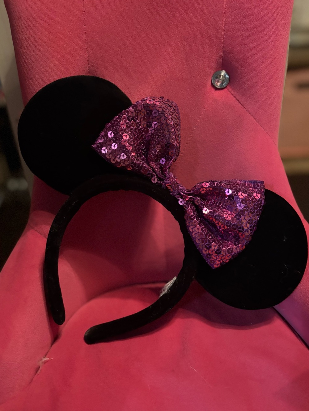 Disney Black Minnie Ear Headband with purple Sequin Bow